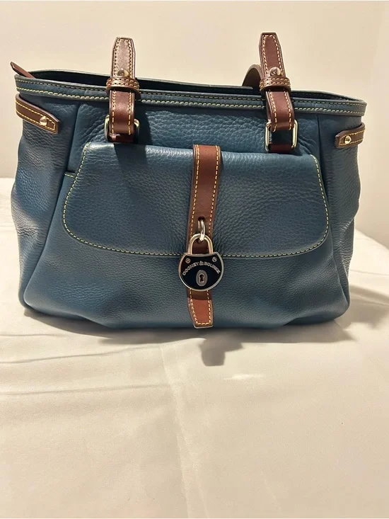 Dooney & Bourke Blue Leather Tote with Brown Trim and Gold Hardware - Picture 1 of 15